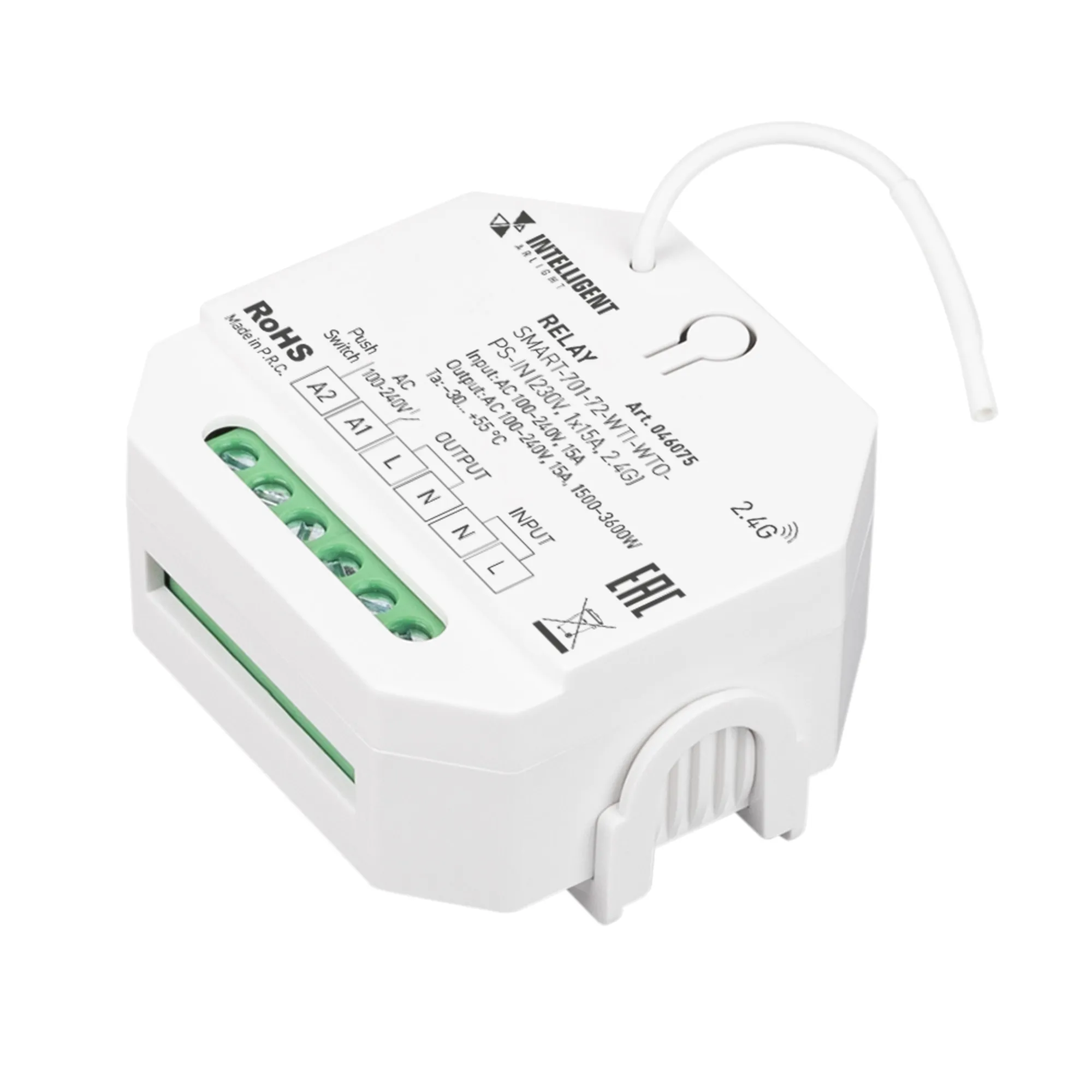 INTELLIGENT ARLIGHT Релейный модуль SMART-701-72-WTI-WTO-PS-IN  (230V, 1x15A, 2.4G) (IARL, IP20 Пластик, 5 лет) - изображение товара